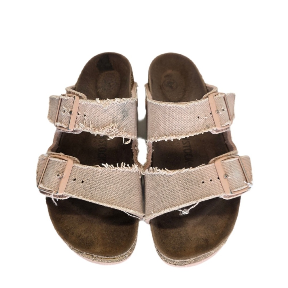 Birkenstock Arizona Canvas Sandals Womens 8 Two Strap Pink Distressed Look Slide